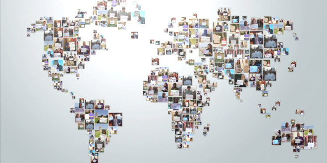 Illustrasjonsbilde av verdenskart bestående av ansikter med elever.