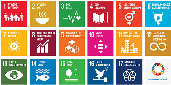Bildet viser ikonene til hvert av områdene som inngår i FNs bærekraftsmål. Det er 17 mål som inngår, mål nr. 4 heter "God utdanning"